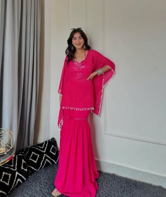 Pink Festive Sharara Set with Tassel Trimmed Kaftan