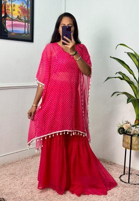 Pink Festive Sharara Set with Tassel Trimmed Kaftan