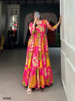 Pink Floral Printed Glamour Silk Crepe Long Gown  