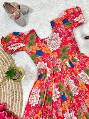 Pink Floral Printed Multi Color Kids Frock