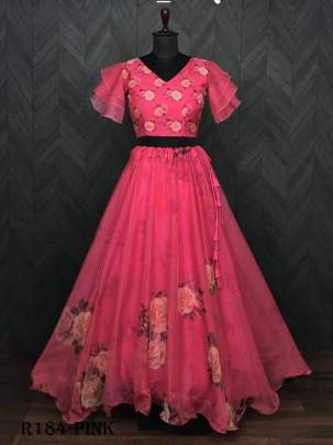 Pink Flower Digital Printed Soft Organza Lehenga