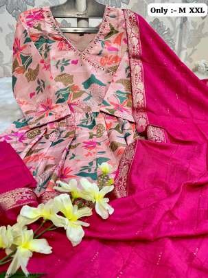 Pink Flower Print Hand Work Pure Muslin And Silk Alia Cut Kurtis