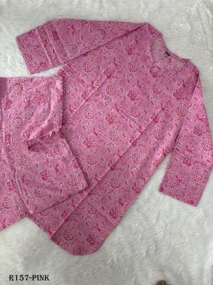 Pink Flower Printed Cotton Top And Pant Co ord Set