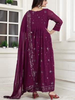 Wine Georgette Sequence Ready Made Suit For Women