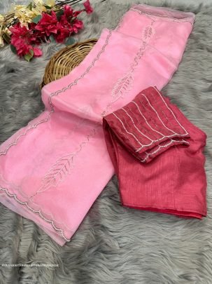 Pink Hand Work Pink Pure Soft Organza Silk Saree With Maroon Blouse