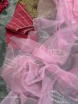 Pink Hand Work Pink Pure Soft Organza Silk Saree With Maroon Blouse