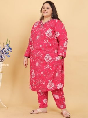 Pink Handwork Big Size Kurti Pant Set With Dupatta