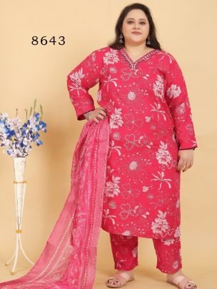 Pink Handwork Big Size Kurti Pant Set With Dupatta