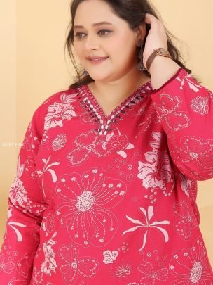 Pink Handwork Big Size Kurti Pant Set With Dupatta