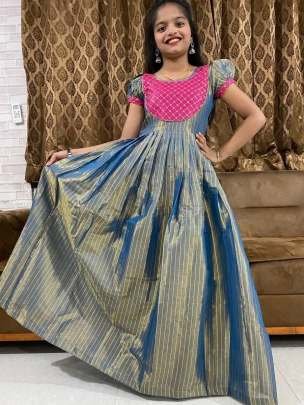 Pink Kids Girls Tissue Uppada Cotton Lehenga Choli With Embroidery Work