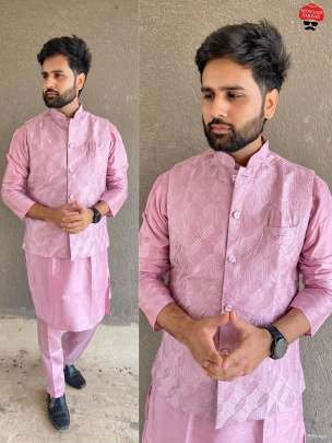 Pink Stylish Banglori Silk Men Kurta Pant With Koti