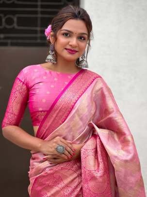 Pink Traditional Kanjivaram Tissues Pattu Saree With Zari Work