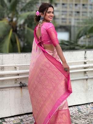 Pink Traditional Kanjivaram Tissues Pattu Saree With Zari Work