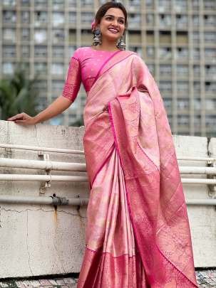 Pink Traditional Kanjivaram Tissues Pattu Saree With Zari Work