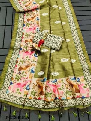 Pista Embroidered Tussar Silk Saree With Tassels