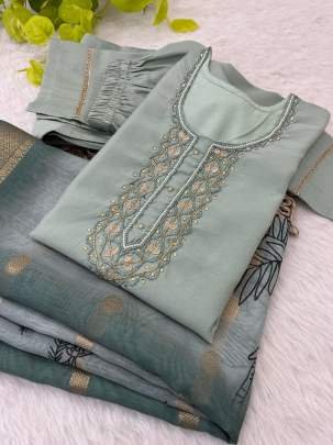 Pista Fancy Neck Handwork Work Roman Silk Kurtis Set With Dupatta