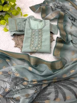 Pista Fancy Neck Handwork Work Roman Silk Kurtis Set With Dupatta