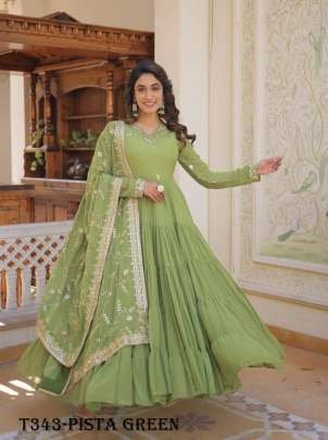 Pista Green Georgette Gown With Dupatta For Women