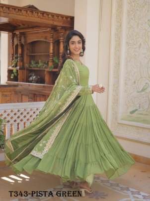 Pista Green Georgette Gown With Dupatta For Women