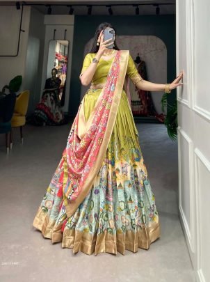 Pista Kalamkari Print Dola Silk Lehenga Choli