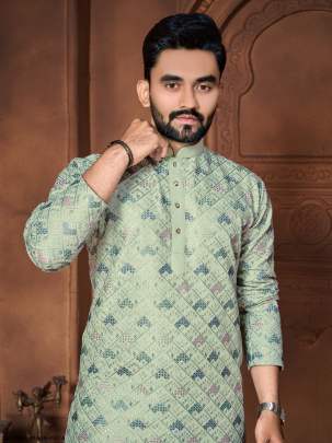 Pista Maharaja Emrboidered Italian Silk Men Kurta With Pajama