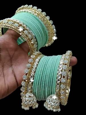 Pista Velvet With Golden Jhumki Set From Fab Funda