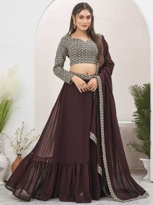 Plain Brown Georgette Ruffle lehenga With Long Sleeve Blouse