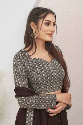 Plain Brown Georgette Ruffle lehenga With Long Sleeve Blouse