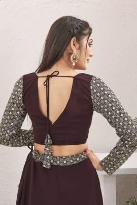 Plain Brown Georgette Ruffle lehenga With Long Sleeve Blouse
