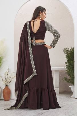 Plain Brown Georgette Ruffle lehenga With Long Sleeve Blouse