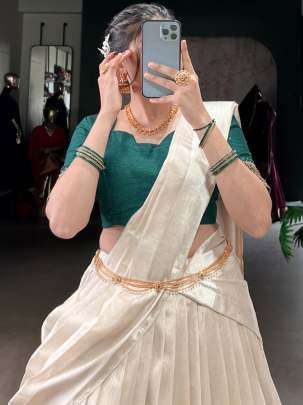 Poly Tussar Fabric Green Blouse With White Half Lehenga Saree
