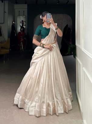 Poly Tussar Fabric Green Blouse With White Half Lehenga Saree