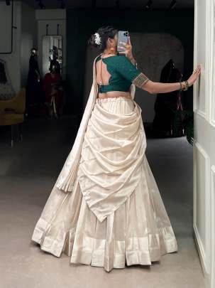Poly Tussar Fabric Green Blouse With White Half Lehenga Saree