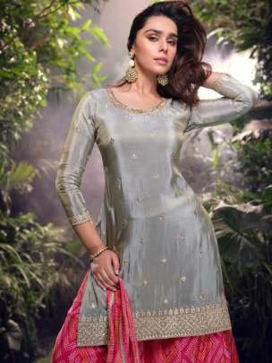 Premium Chinon Silk Grey And Pink Top Palazzo With Dupatta