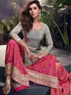 Premium Chinon Silk Grey And Pink Top Palazzo With Dupatta