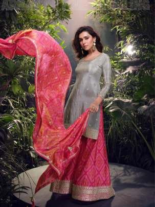 Premium Chinon Silk Grey And Pink Top Palazzo With Dupatta