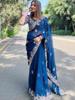 Premium Classic Blue Rangoli Silk Embroidery Work Saree