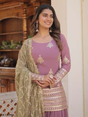 Premium Designer  Georgette Pink Color Kurti Palazzo Dupatta Collections