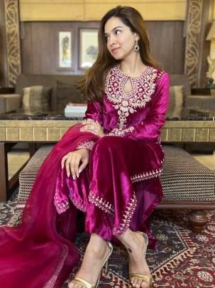 Premium Embroidery work Velvet Kurti Palazzo Rani Pink Dupatta Set