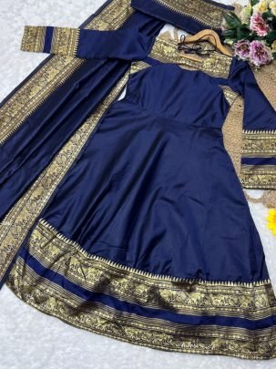 Premium Lichi Silk South Indian Style Blue Kurti with Dupatta
