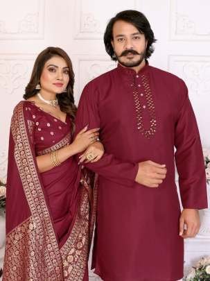 Premium Quality Maroon Dola Silk Saree With Matching Kurta Pajama