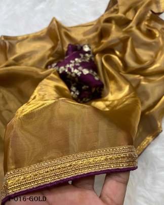 Premium Quality Tissue Gold Saree With Exclusive Contrast Lace