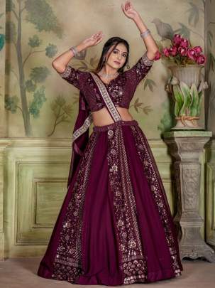 Premium Quality Wine Designer Stitched Georgette Lehenga Choli