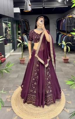 Premium Quality Wine Designer Stitched Georgette Lehenga Choli