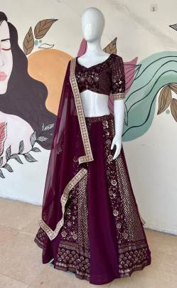 Premium Quality Wine Designer Stitched Georgette Lehenga Choli