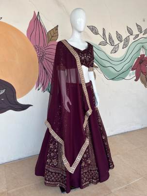 Premium Quality Wine Designer Stitched Georgette Lehenga Choli