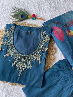 Premium Roman Silk Rama Kurti Pant Dupatta Set