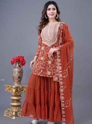 Presenting Burnt Orange Festive Wear Georgette Sharara Set 