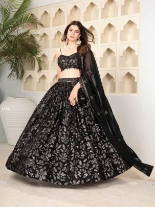 Presenting Bold And Beautiful Black Georgette Lehenga Choli Set