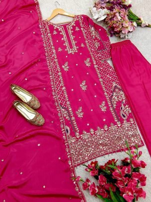 Pretty  Cinon Silk With Embroidery Work Pink Kurti Set